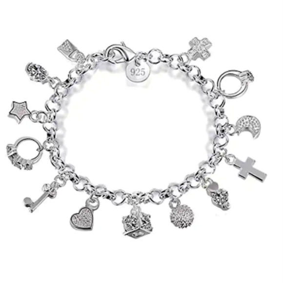 925 Sterling Silver Charm Bracelet 13 Charms NWT 7in - Picture 1 of 5